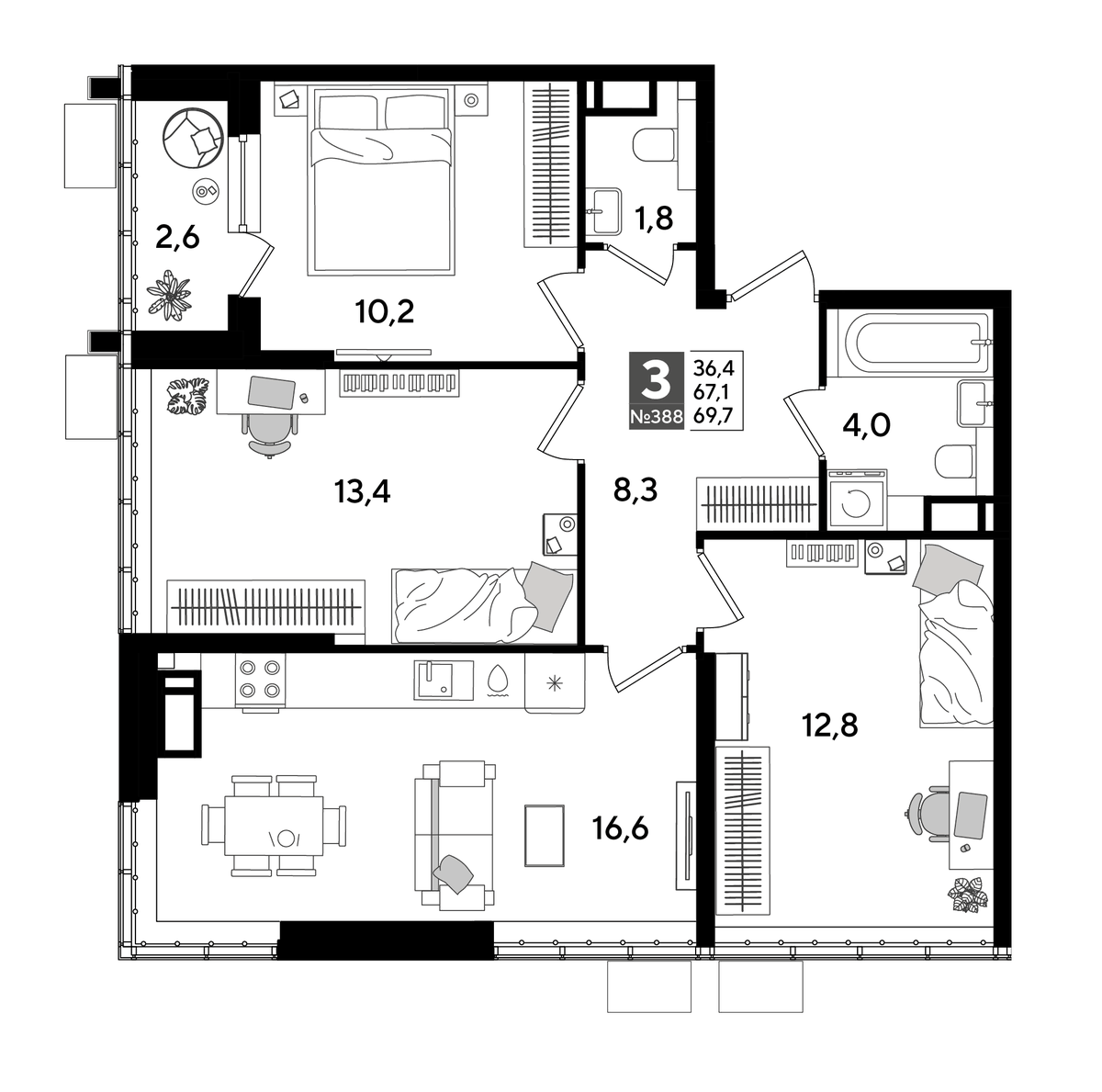 Планировка трёхкомнатная 69.7 м² в ЖК «DОГМА ПАРК», корпус 36