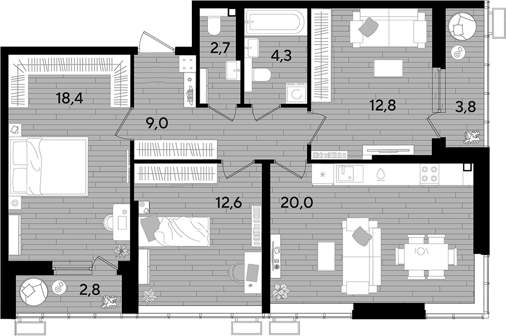 Планировка трёхкомнатная 85.8 м² в ЖК «DОГМА ПАРК», корпус 8