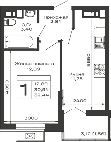 Планировка однокомнатная 32.44 м² в ЖК «Долина», корпус 8