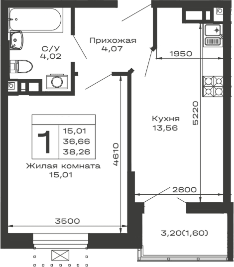 Планировка однокомнатная 38.26 м² в ЖК «Долина», корпус 7