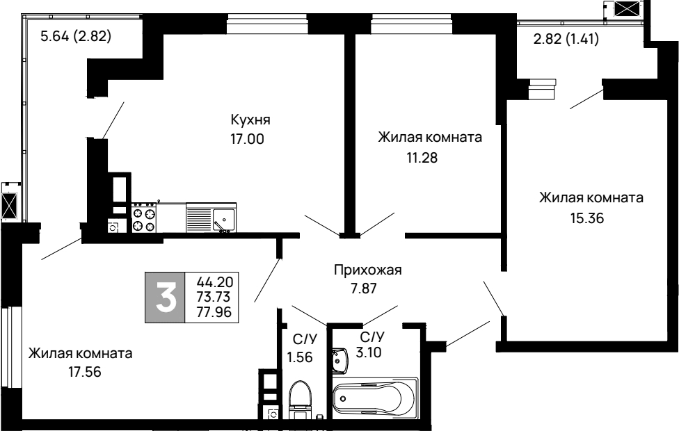 Планировка трёхкомнатная 77.96 м² в ЖК «Долина», корпус 3