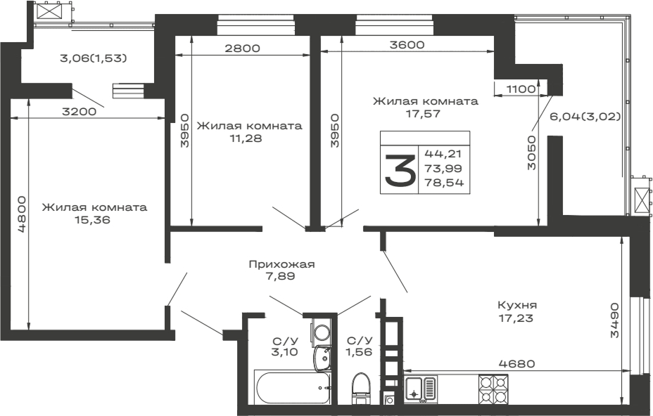 Планировка трёхкомнатная 78.54 м² в ЖК «Долина», корпус 7