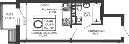 Планировка Студии 24.67 м² в ЖК «Долина», корпус 6