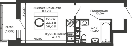 Планировка Студии 25.03 м² в ЖК «Долина», корпус 5