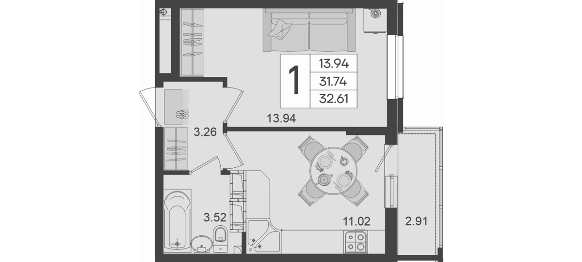 Планировка однокомнатная 32.61 м² в ЖК «Дом 101», корпус 1.8