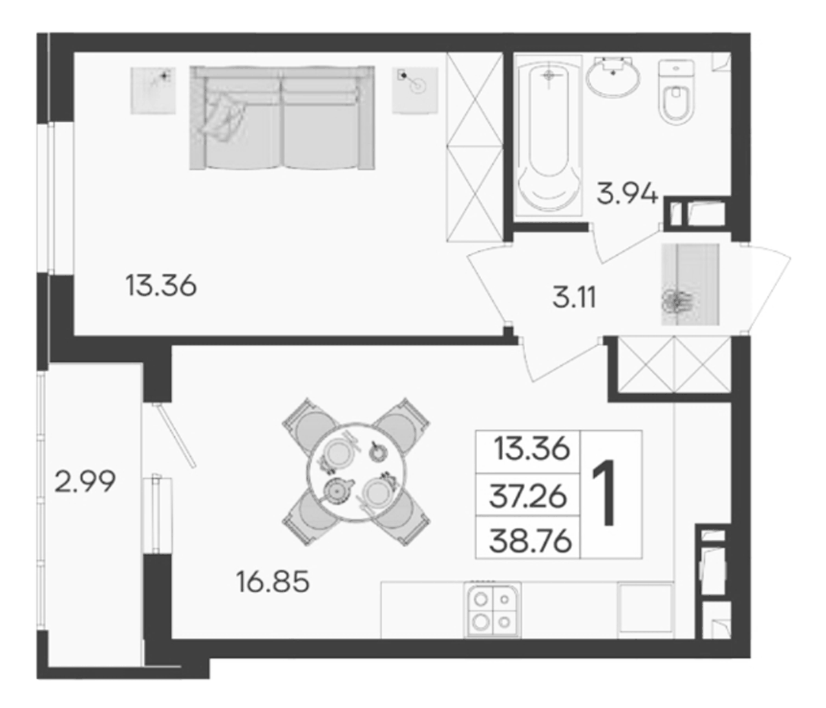 Планировка однокомнатная 38.76 м² в ЖК «Дом 101», корпус 1.9