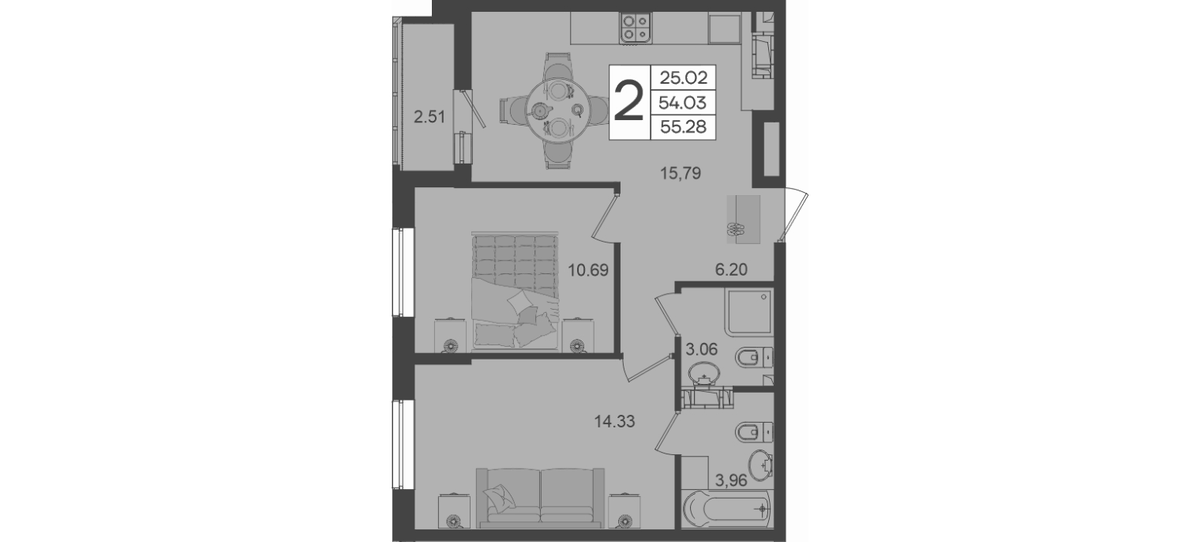 Планировка двухкомнатная 55.28 м² в ЖК «Дом 101», корпус 1.8
