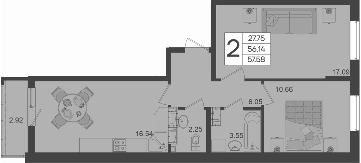 Планировка двухкомнатная 57.6 м² в ЖК «Дом 101», корпус 1.8