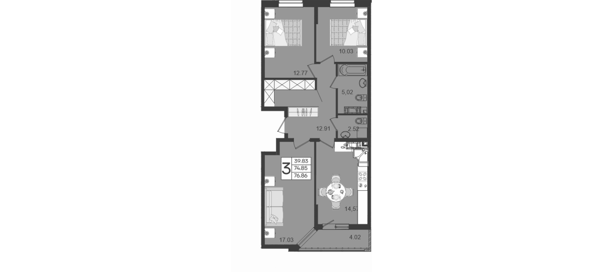 Планировка трёхкомнатная 76.86 м² в ЖК «Дом 101», корпус 1.8