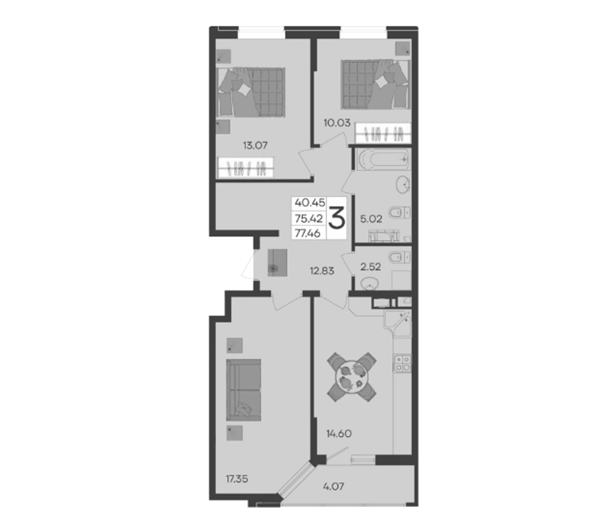 Планировка трёхкомнатная 77.46 м² в ЖК «Дом 101», корпус 1.9