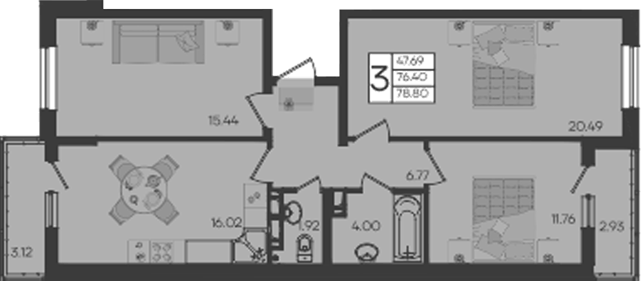 Планировка трёхкомнатная 78.8 м² в ЖК «Дом 101», корпус 1.5