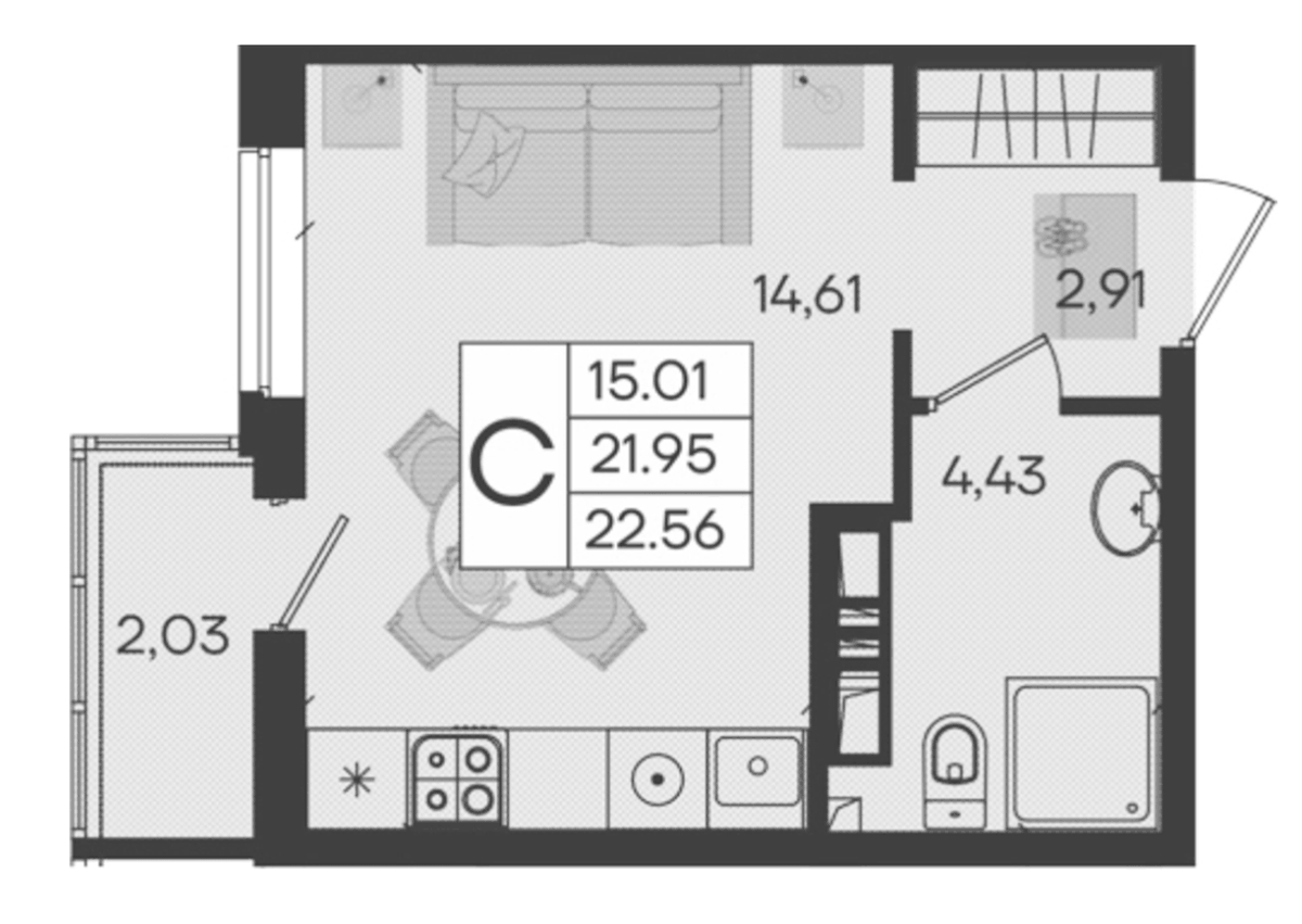 Планировка Студии 22.56 м² в ЖК «Дом 101», корпус 1.18