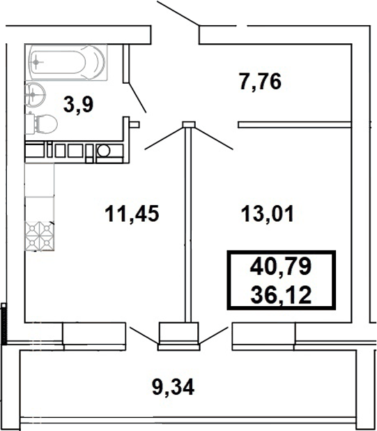 Планировка однокомнатная 40.79 м² в ЖК «Дом на Заречной», корпус 1
