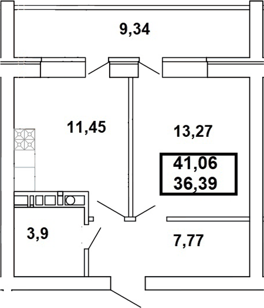 Планировка однокомнатная 41.06 м² в ЖК «Дом на Заречной», корпус 1