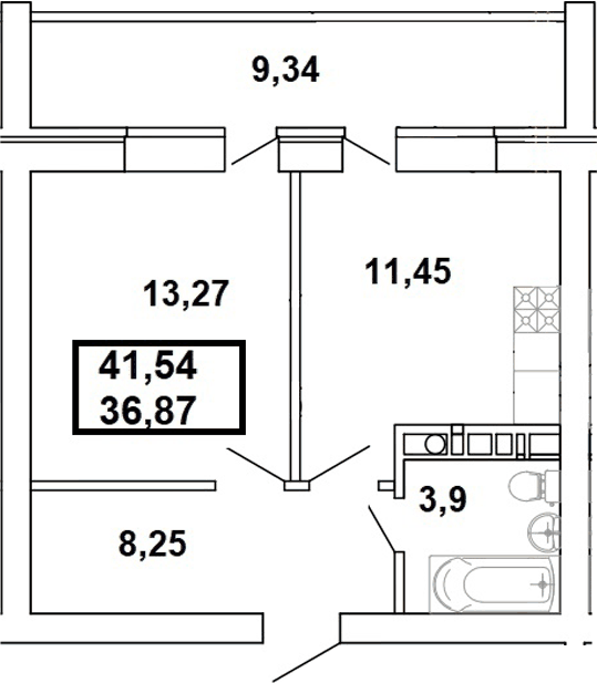 Планировка однокомнатная 41.54 м² в ЖК «Дом на Заречной», корпус 1