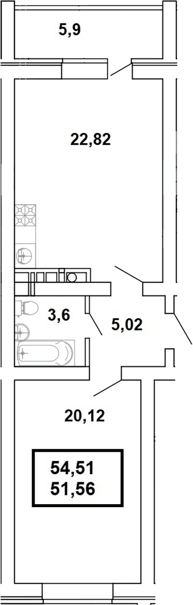 Планировка евродвушка (2Е) 54.51 м² в ЖК «Дом на Заречной», корпус 1