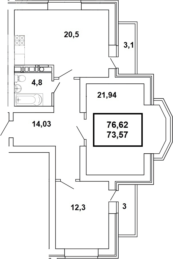Планировка евротрёшка (3Е) 76.62 м² в ЖК «Дом на Заречной», корпус 1
