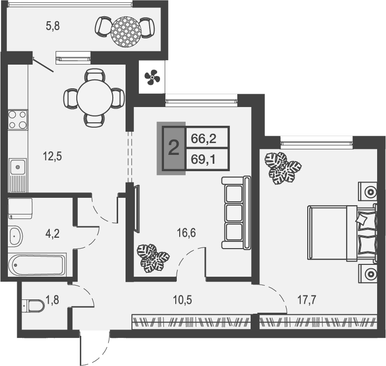 Планировка двухкомнатная 66.2 м² в ЖК «Дом у озера», корпус 1