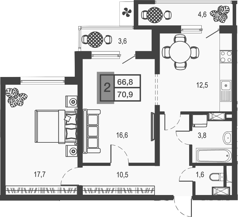 Планировка двухкомнатная 66.8 м² в ЖК «Дом у озера», корпус 1
