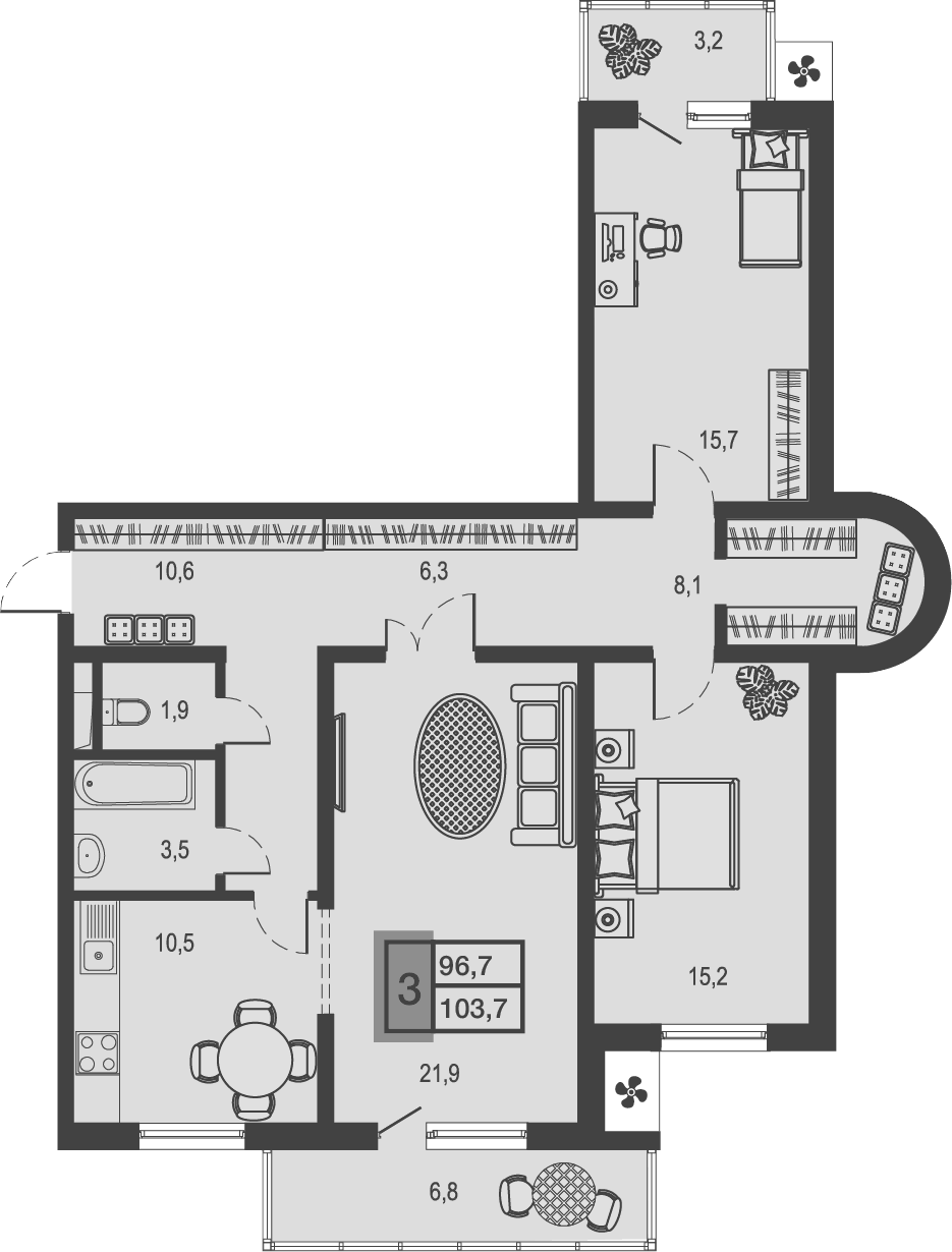 Планировка трёхкомнатная 96.7 м² в ЖК «Дом у озера», корпус 1