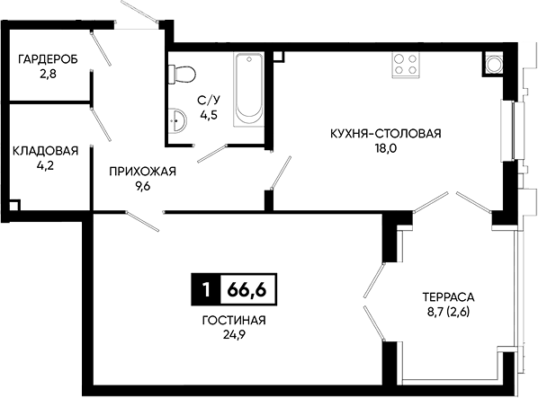 Планировка однокомнатная 66.6 м² в ЖК «Дом у озера Моне», корпус 2.1