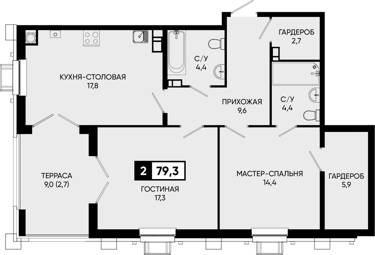 Планировка евродвушка (2Е) 79.3 м² в ЖК «Дом у озера Моне», корпус 2.1