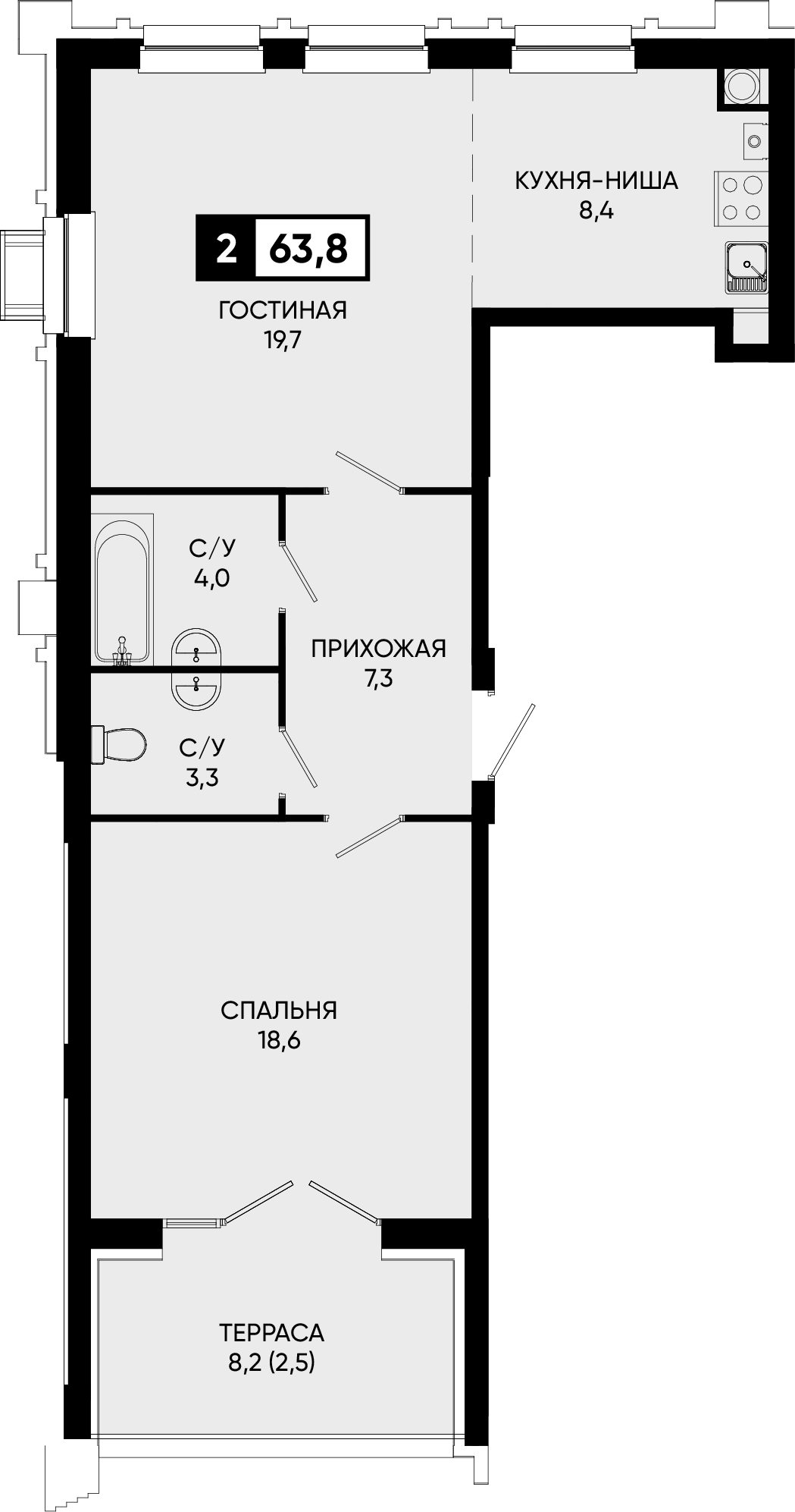 Планировка двухкомнатная 63.8 м² в ЖК «Дом у озера Моне», корпус 2.1