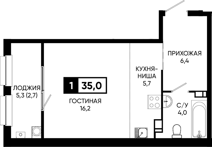 Планировка Студии 35 м² в ЖК «Дом у озера Моне», корпус 2.1