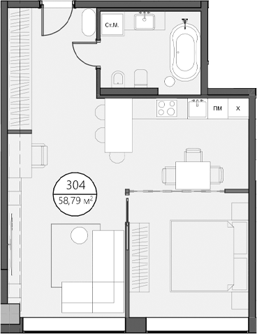 Планировка евродвушка (2Е) 58.79 м² в ЖК «DOM XIII», корпус 1