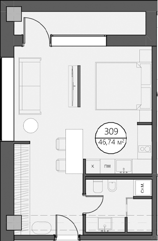 Планировка Студии 46.74 м² в ЖК «DOM XIII», корпус 1