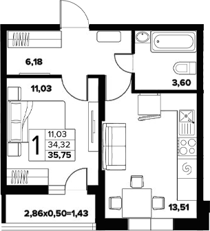 Планировка однокомнатная 35.75 м² в ЖК «Друг. AVA. Краснодар», корпус 3