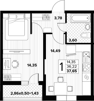 Планировка однокомнатная 37.65 м² в ЖК «Друг. AVA. Краснодар», корпус 3