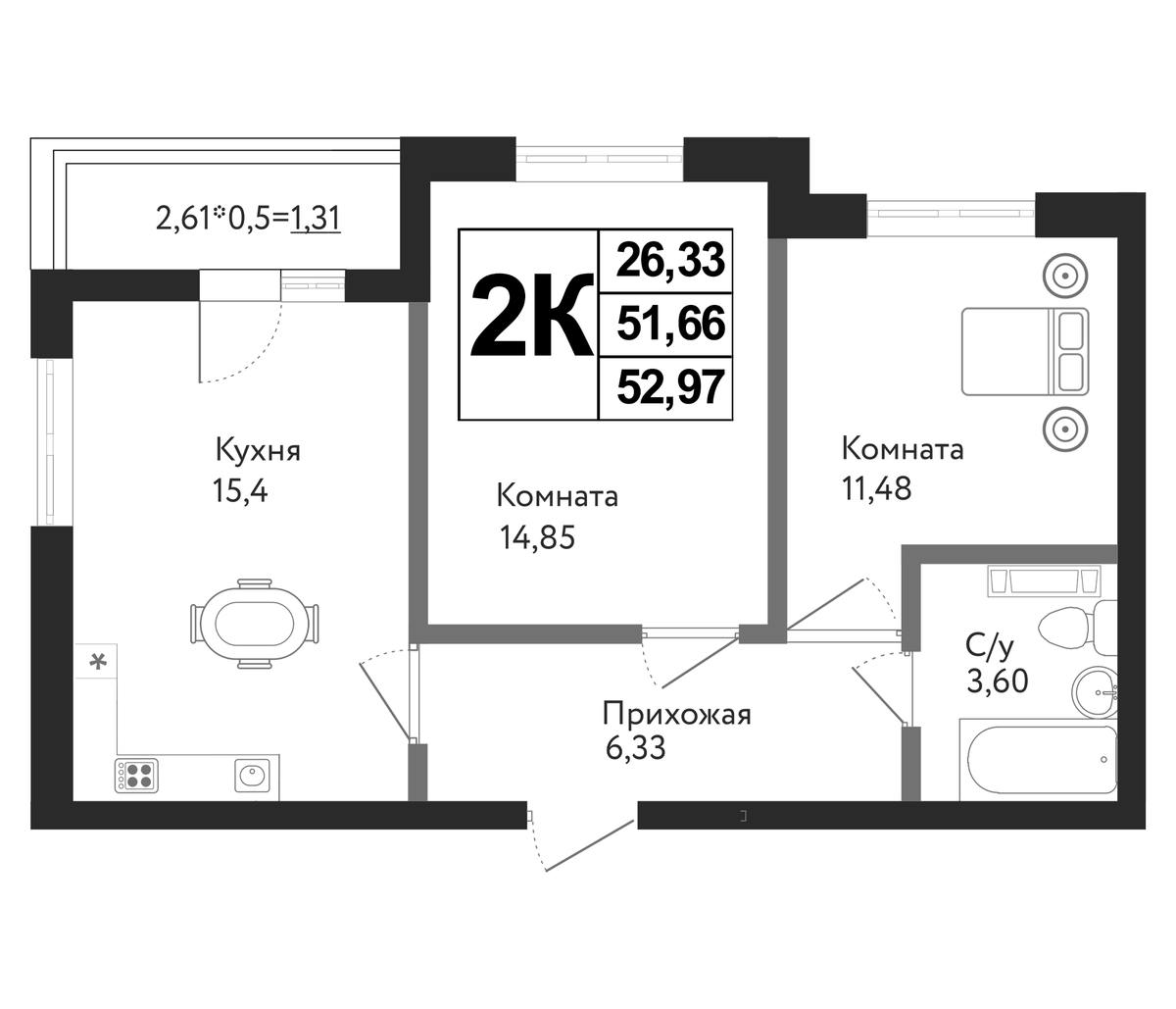 Планировка двухкомнатная 52.97 м² в ЖК «Друг», корпус 5