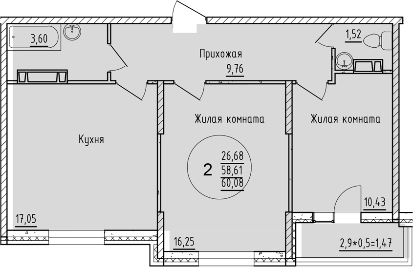 Планировка двухкомнатная 61.35 м² в ЖК «Друг», корпус 2