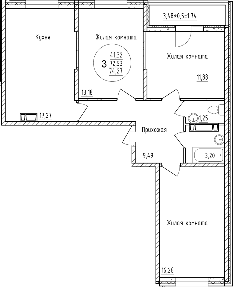 Планировка трёхкомнатная 74.27 м² в ЖК «Друг», корпус 10
