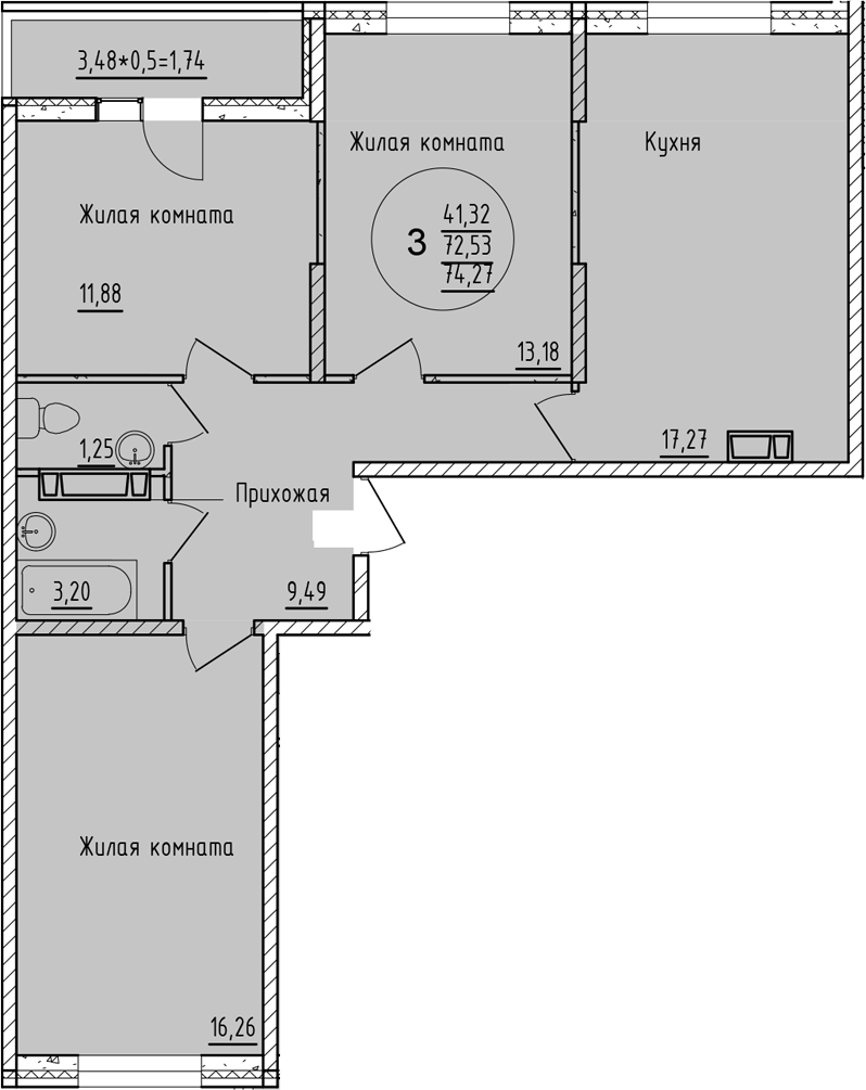 Планировка трёхкомнатная 79.05 м² в ЖК «Друг», корпус 2