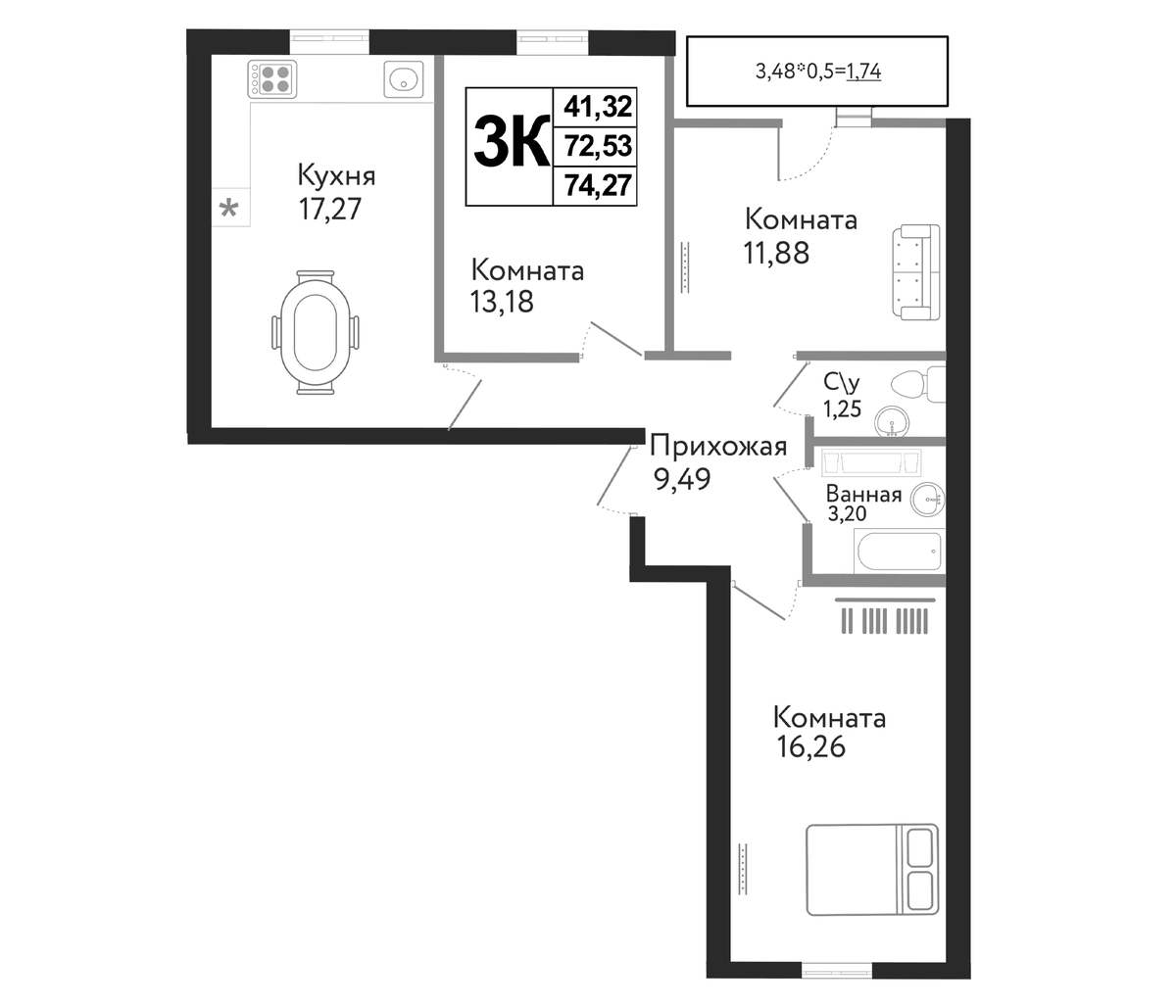 Планировка евро-4 (4Е) 74.27 м² в ЖК «Друг», корпус 7