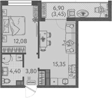 Планировка однокомнатная 38.05 м² в ЖК «Друзья», корпус 4