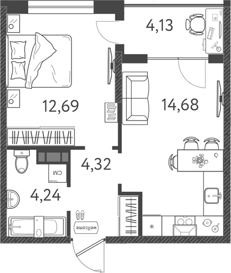 Планировка евродвушка (2Е) 38 м² в ЖК «Друзья», корпус 5