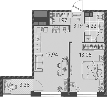 Планировка евродвушка (2Е) 41 м² в ЖК «Друзья», корпус 7