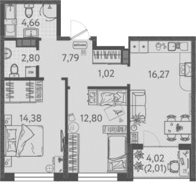 Планировка двухкомнатная 61.73 м² в ЖК «Друзья», корпус 4