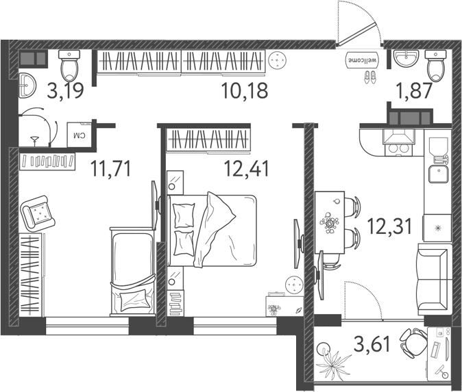Планировка евротрёшка (3Е) 52.35 м² в ЖК «Друзья», корпус 5