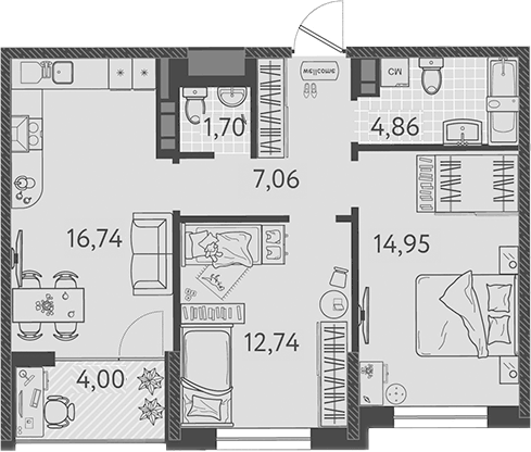 Планировка евротрёшка (3Е) 60.05 м² в ЖК «Друзья», корпус 7