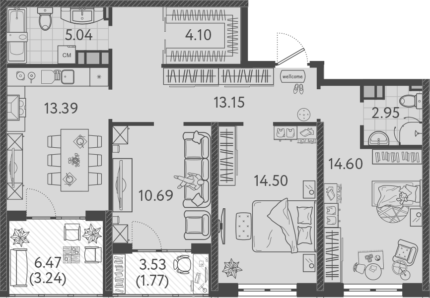 Планировка трёхкомнатная 82.25 м² в ЖК «Друзья», корпус 2