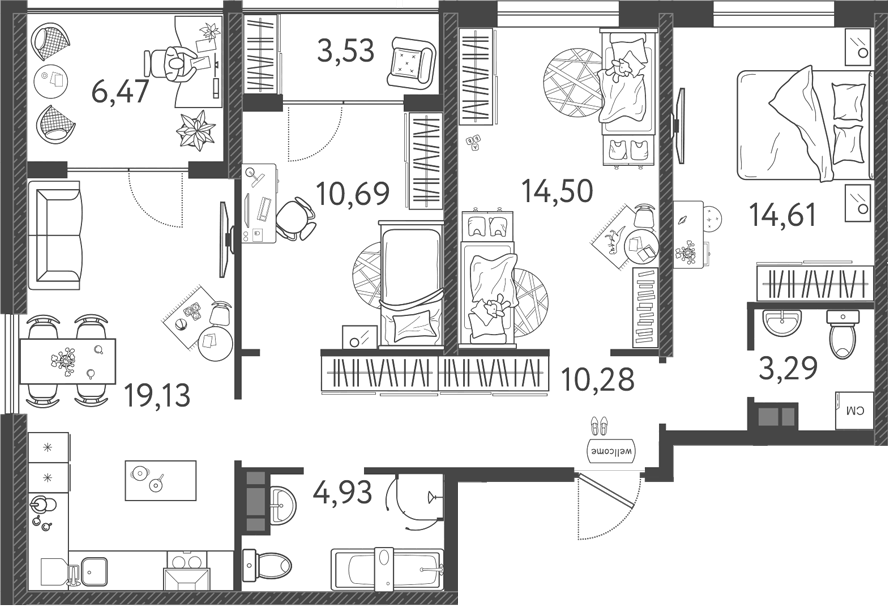 Планировка евро-4 (4Е) 80.15 м² в ЖК «Друзья», корпус 5