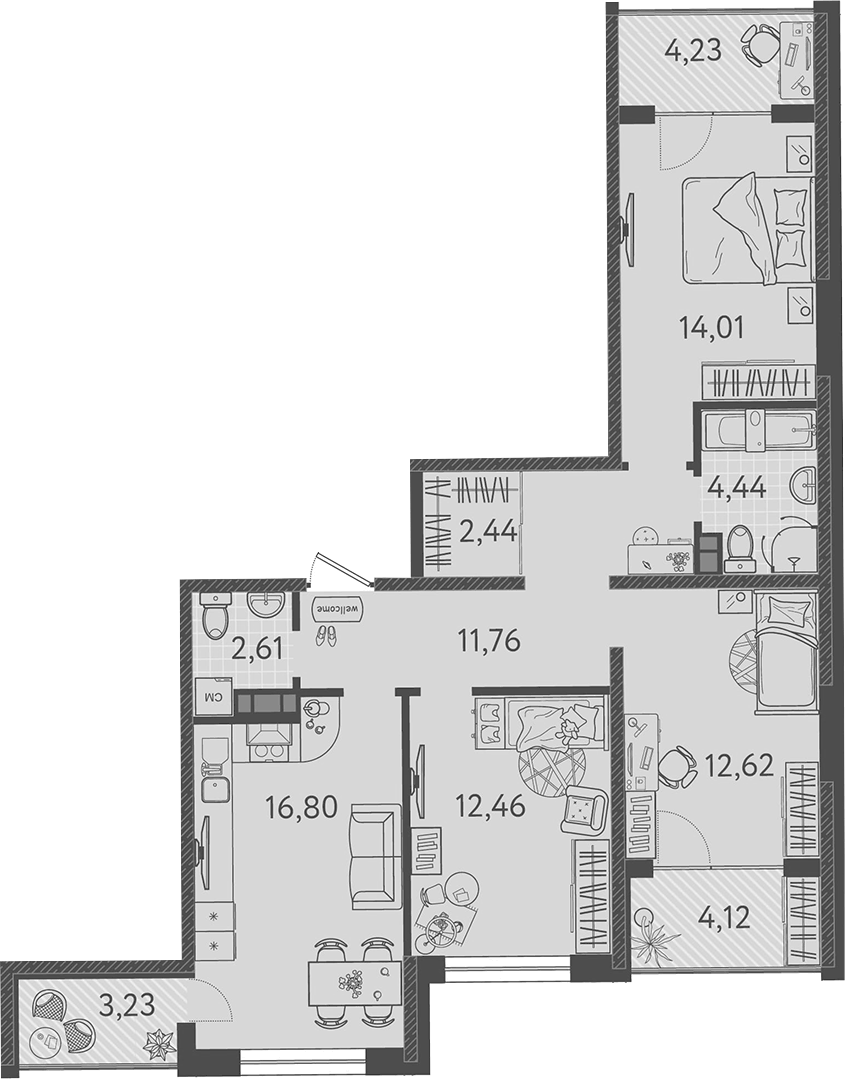 Планировка евро-4 (4Е) 81.4 м² в ЖК «Друзья», корпус 6