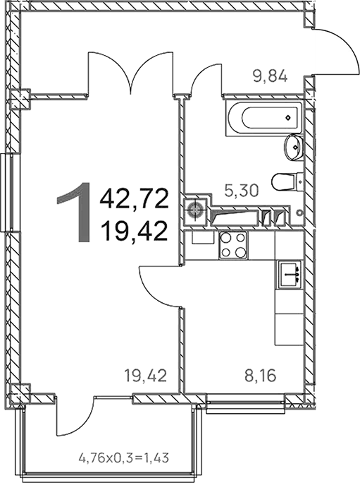 Планировка однокомнатная 42.72 м² в ЖК «Две реки», корпус 1