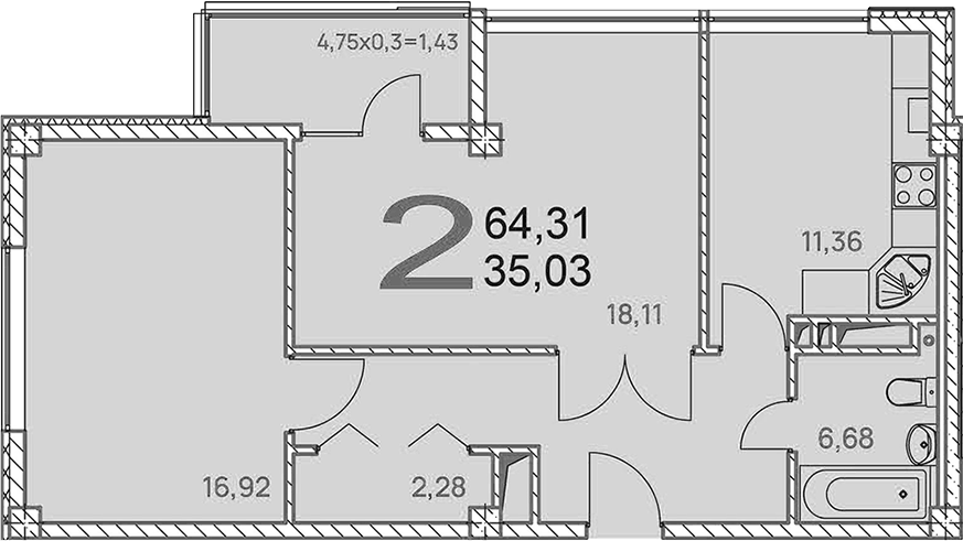 Планировка двухкомнатная 64.31 м² в ЖК «Две реки», корпус 1