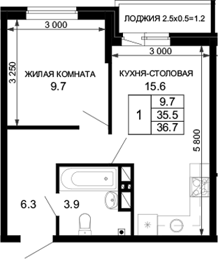Планировка однокомнатная 36.7 м² в ЖК «Дыхание (АСК)», корпус 28