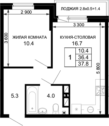 Планировка однокомнатная 37.8 м² в ЖК «Дыхание (АСК)», корпус 28
